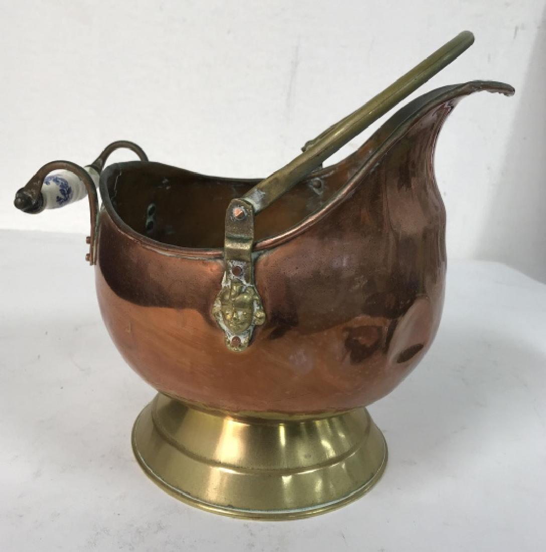 Brass Copper Porcelain Handled Coal Bucket: Coal Scuttle, up cycle planter, cache pot, vessel, decorative tableware, table top accessory, decorative vintage accessory, copper bucket, pail, with face form handles, ht with handle app 12 inches le