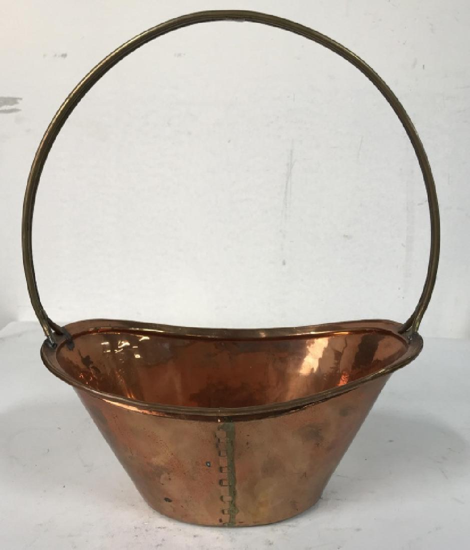 Hand Crafted Tongue Groove Copper Basket: Pot, cache pot, vessel, vase, container, decorative accessory, handcrafted copper basket with tongue and groove welded base and sides, arced brass handle, ht w handle measures 14 inches length app 12 