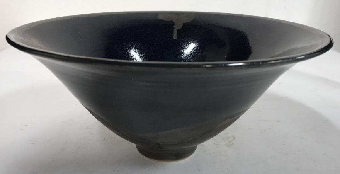 Signed Art Pottery Bowl Vessel: Signed illegibly underside, glazed ceramic bowl, decorative table top accessory, good condition, measures app ht 4.5 inches diameter app 9.5 inches