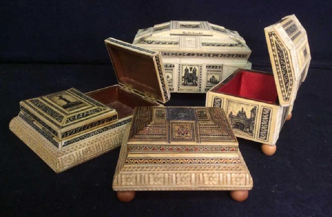 Set of 4 Ecuadorian Decorative Trinket Boxes: Set of 4 decorative trinket boxes, made in Ecuador. Boxes are trinket / keepsake/ memorabilia/ jewelry boxes, with one double card deck box. Boxes have images of landscapes and patterns printed onto w