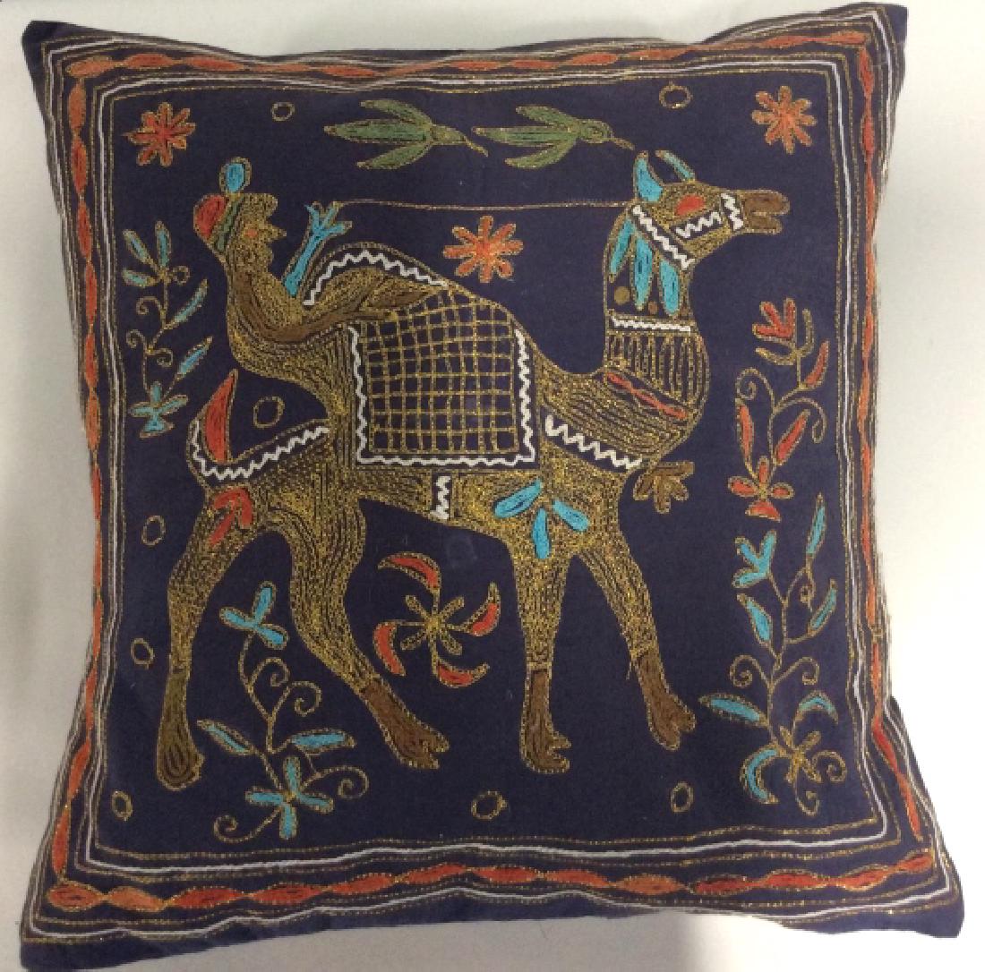 Camel Embroidered Throw Pillow: Toss pillow, camel embroidery in gold metallic thread, decorative accessory, home accessory, measures app 17 inches square,