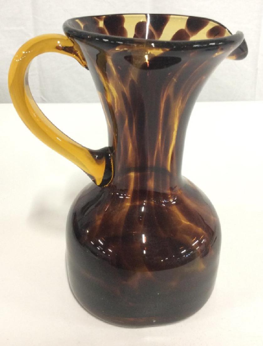 Vintage Carmel Toned Drip Glass Pitcher: Hand formed pitcher, art glass, vase, tableware, decorative tabletop accessory, Carmel and gold toned drip designed Glassware measures ht 8 inches, handle to spout app 7 inches, collectible accessory