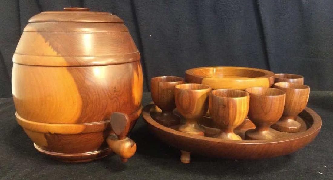 Group Lot of Wooden Serving Dishes Tableware: Group Lot of Wooden Serving Dishes, including a Serving Jug with tap, a footed food & dip serving platter with removable dish for dip / cheese, and 6 mini chalices / Cordial cups (could possibly used 
