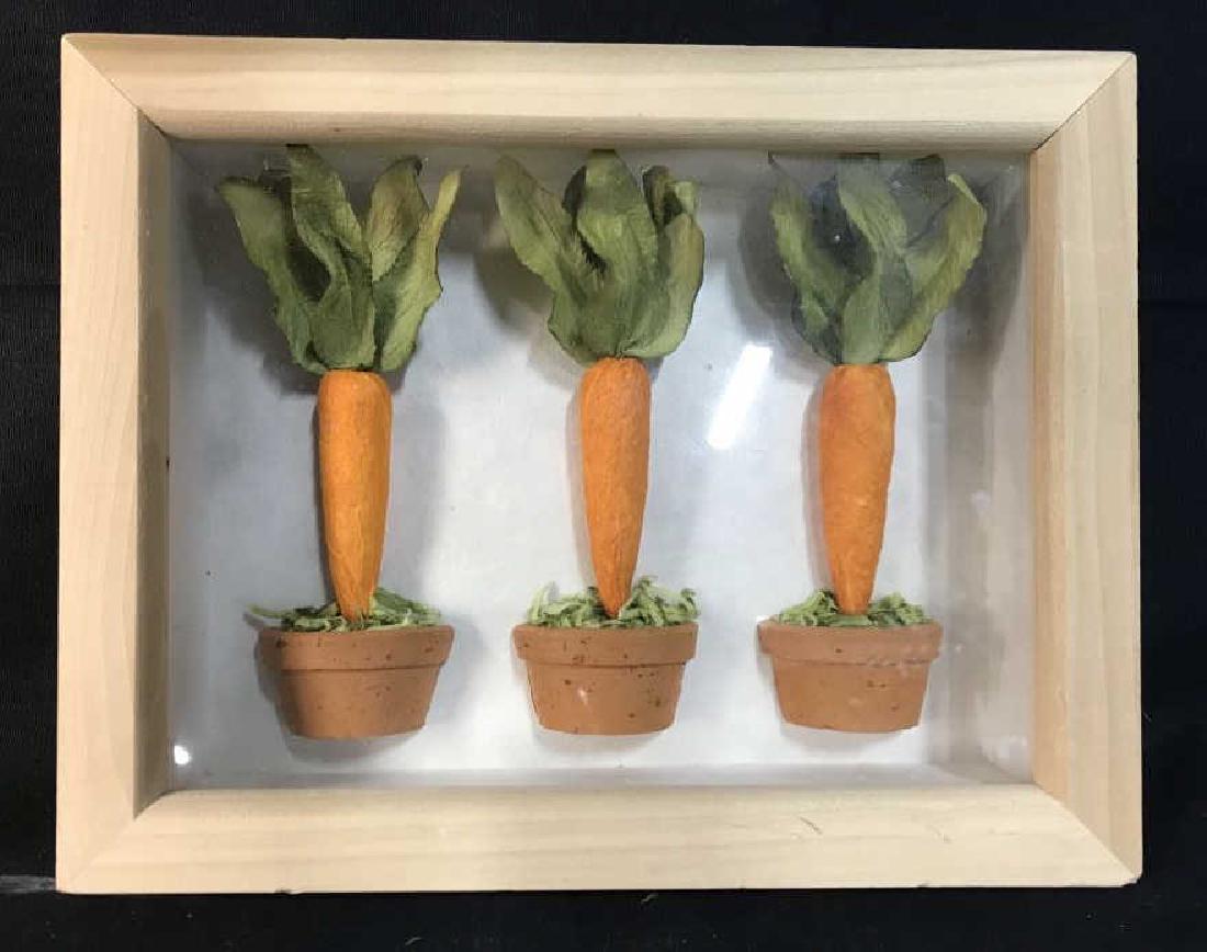 Carrot Shadow Box Wall Art: Whimsical carrot plants framed, measures app 7.5 by 9.5 inches. Wall art, home decor, home accessory, interior design.