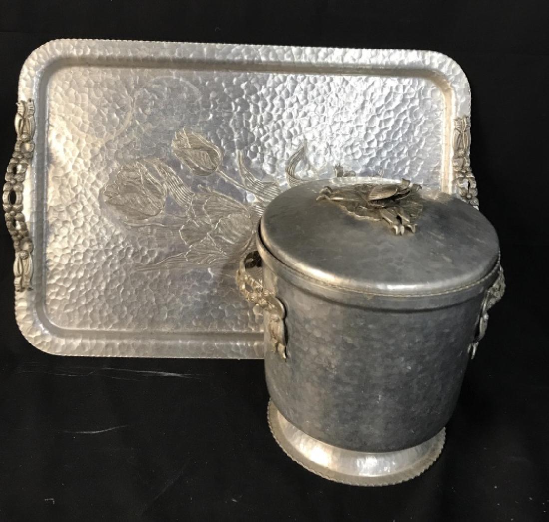 Hand Hammered Silver Toned Metal Tray Ice Bucket: Vintage tableware, tabletop accessory, decorative acc, kitchen accessories, signed illegibly on back, gallery tray measures 20 by 14 inches lidded ice bucket measures ht app 12 inches