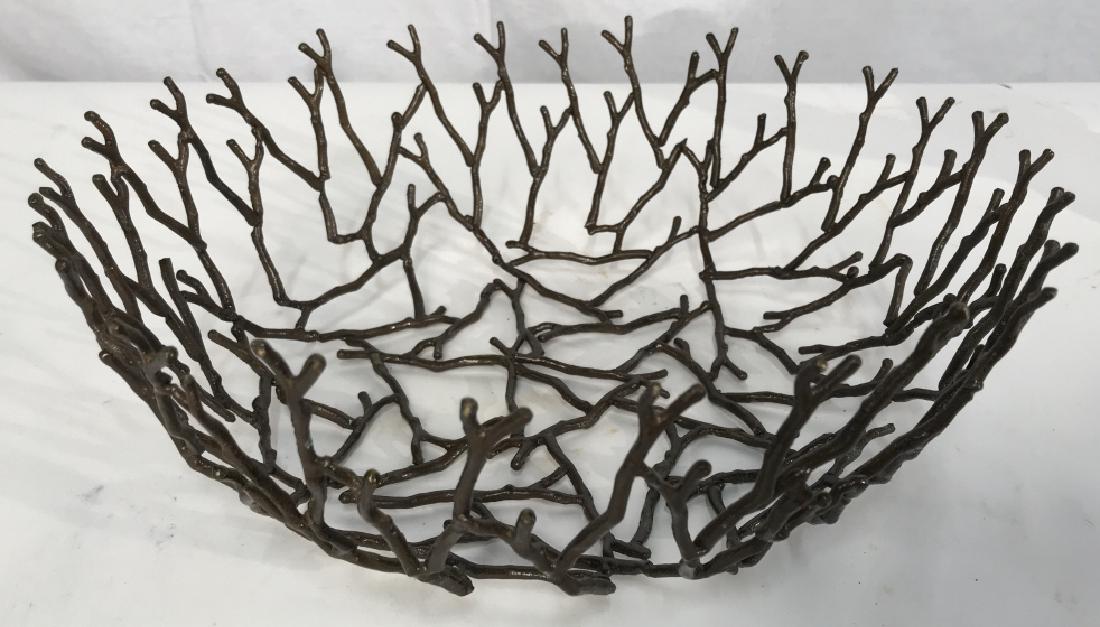 Decorative Metal Branch Basket: Decorative Metal Branch Basket, formed at connecting tree Branches, 12 in diameter, Good condition, Decorative Tableware, Decorative Kitchenware, Server ware, 5