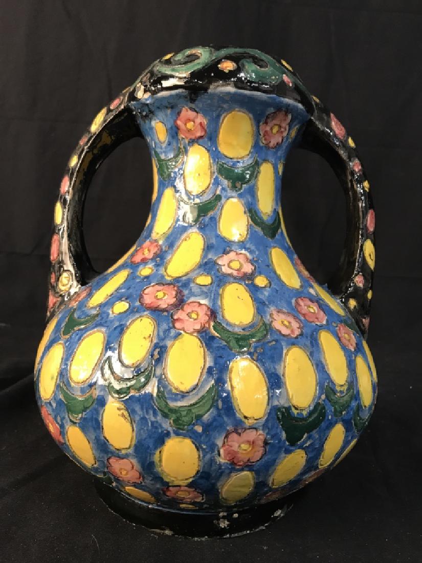 Arts and Crafts Hand Made Vase, Italy: Vessel, Jug, two handled vase, decorative accessory, tableware, table decor, markings on underide illegible, appears to be Signed, measures app 10 inches ht width handle to handle app 8 inches, marked