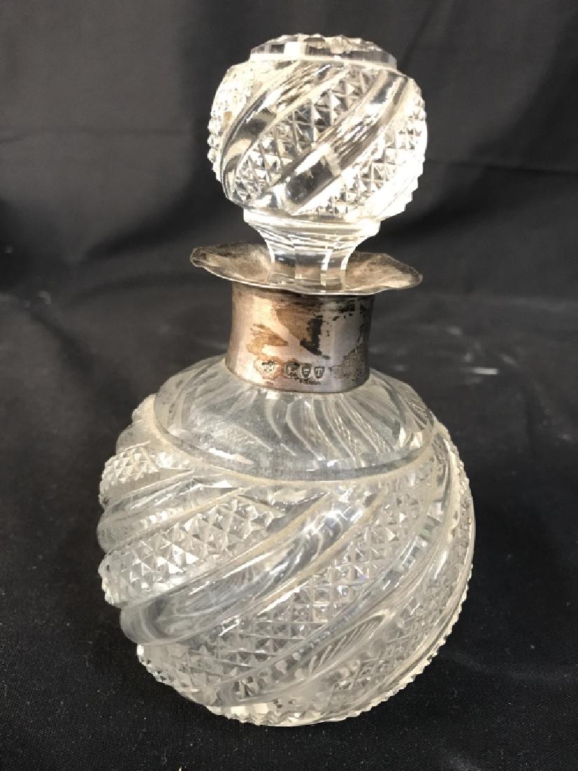 Vintage Sterling Cut Glass Perfume Bottle: Orb form collectible bottle with matching orb globe stopper and sterling silver neck, Sterling trademarked , measures ht app 6.5 inches ht diameter app 4 inches, collectible bottle, tableware, tableto