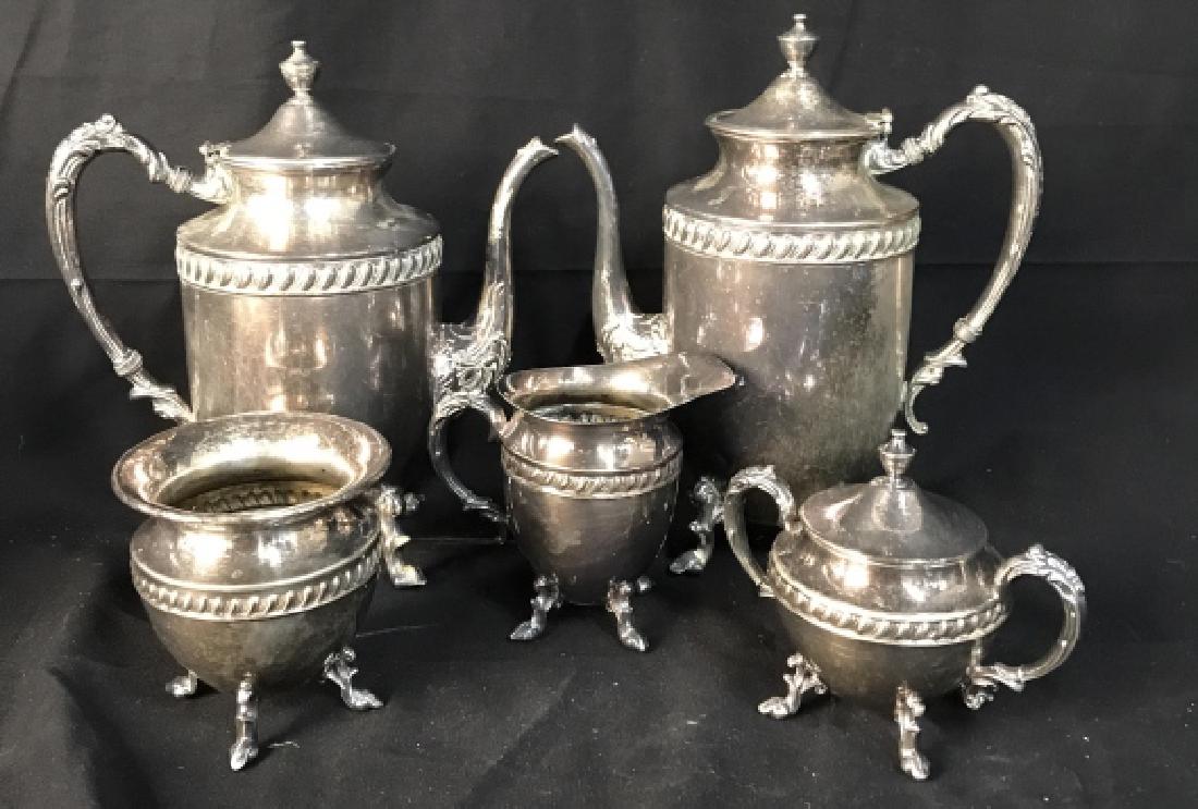Silver Pl Coffee Service Set: Trademarked underside and marked silver over copper, set includes two coffee pots ht app 11 inches, lidded sugar bowl, creamer and additional footed bowl, tableware, coffee set, coffee service, tablet