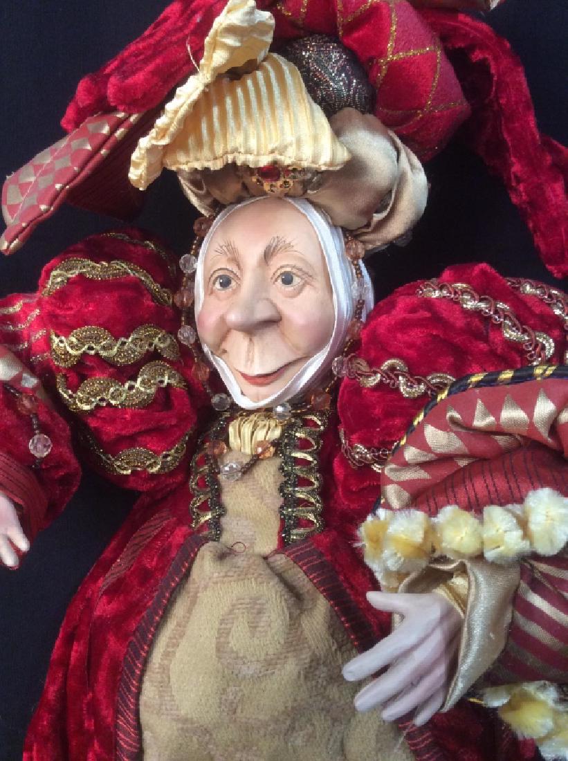 Ornately Festooned Caricature Doll: Velvet robes, embroidery silk beads and more, possibly Alice in Wonderland, historical costume and dress, collectible, decor piece, shelf piece, decorative toy accessory. measures ht app 20 inches