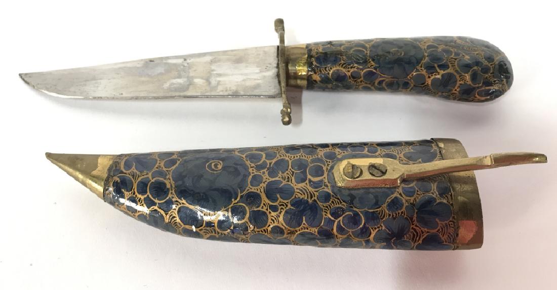 Intricately Detailed Religious Dagger & Holster: Dagger and holster are gold and green toned. Holster locks into handle of dagger. Piece measures Approx 8.5 inches long. Collectible, weapon, knife, letter opener 6