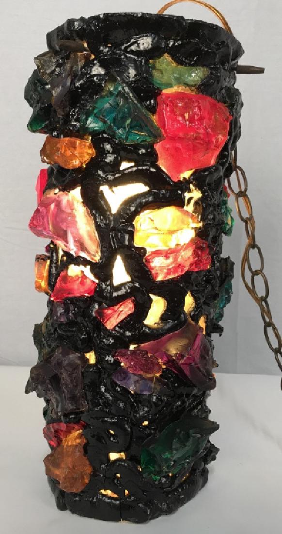 VINTAGE Unusual Multi Colored Hanging Lamp: VINTAGE Unusual Multi Colored Hanging Lamp, unique one of a kind, colored rock Formation Hanging Lamp, possibly colored rocks adhered to canvas, works at time of testing, 7 in diameter x 18 in tall, L