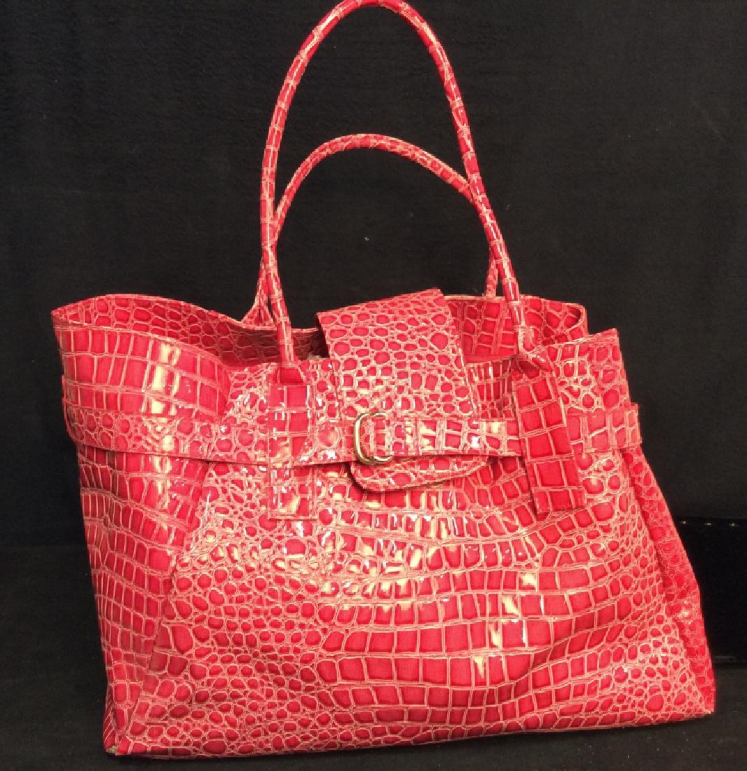 Elizabeth Arden Hot Pink Tote: Elizabeth Arden Tote Bag Made Of Hot pink Faux alligator with two shoulder handles, a flap closure and buckle, small separation at left corner, overall approx measurements 18 in x 7 in x 20 inches to 
