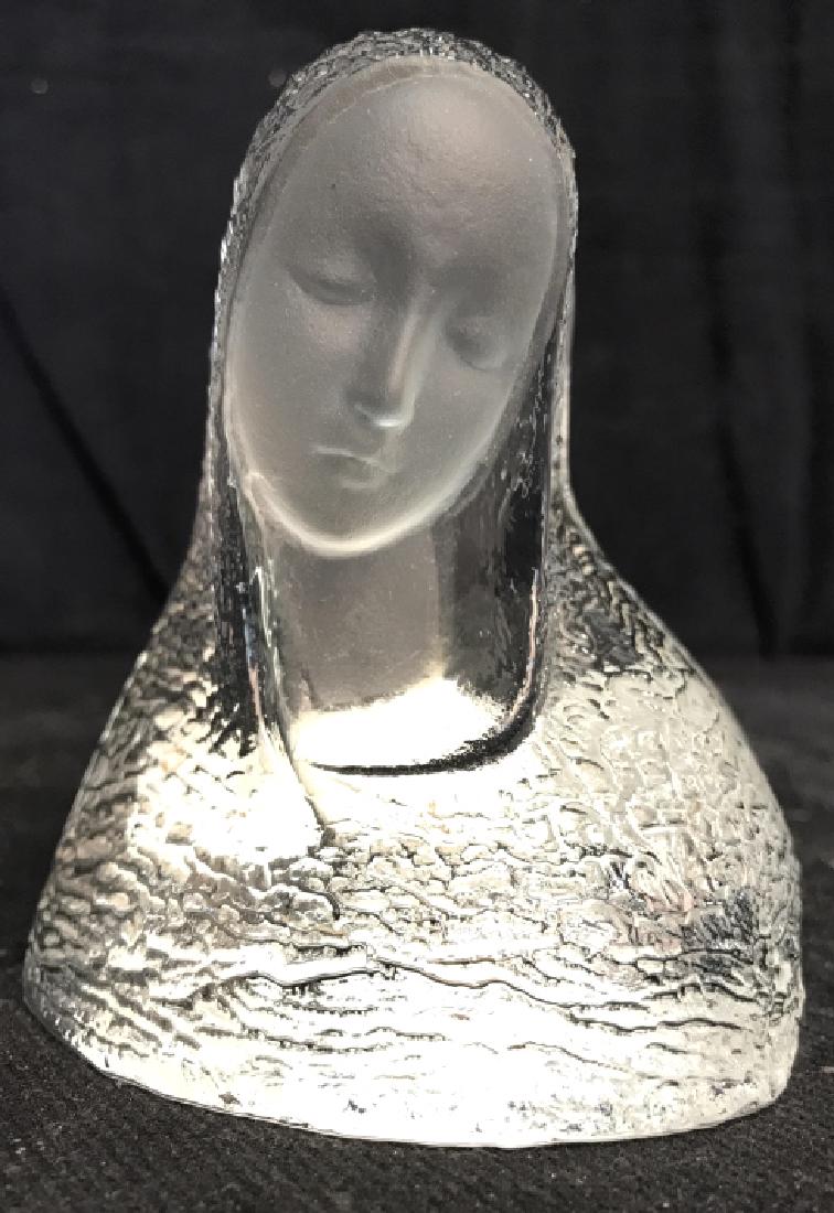 Glass Sculpted Madonna Bust: Frosted glass face and ribbed robing, measures app ht 5.5 inches, religious sculptural, iconography, catholic figure, religious collectibles, religious art and statuary, religious sculptural, iconogra