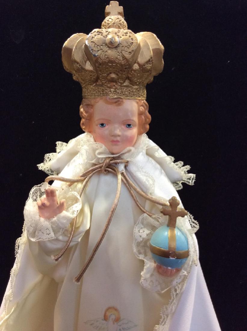 A. PROSPER Sculpted Adorned Infant of Prague Figural: Sculpted Plaster Catholic Figural, possibly Infant of Prague, Crowned Priest, Bishop, in ceremonial clothing, religious iconography, Catholic Sculptural, Signed at Base, robed caped, with Painted Chal