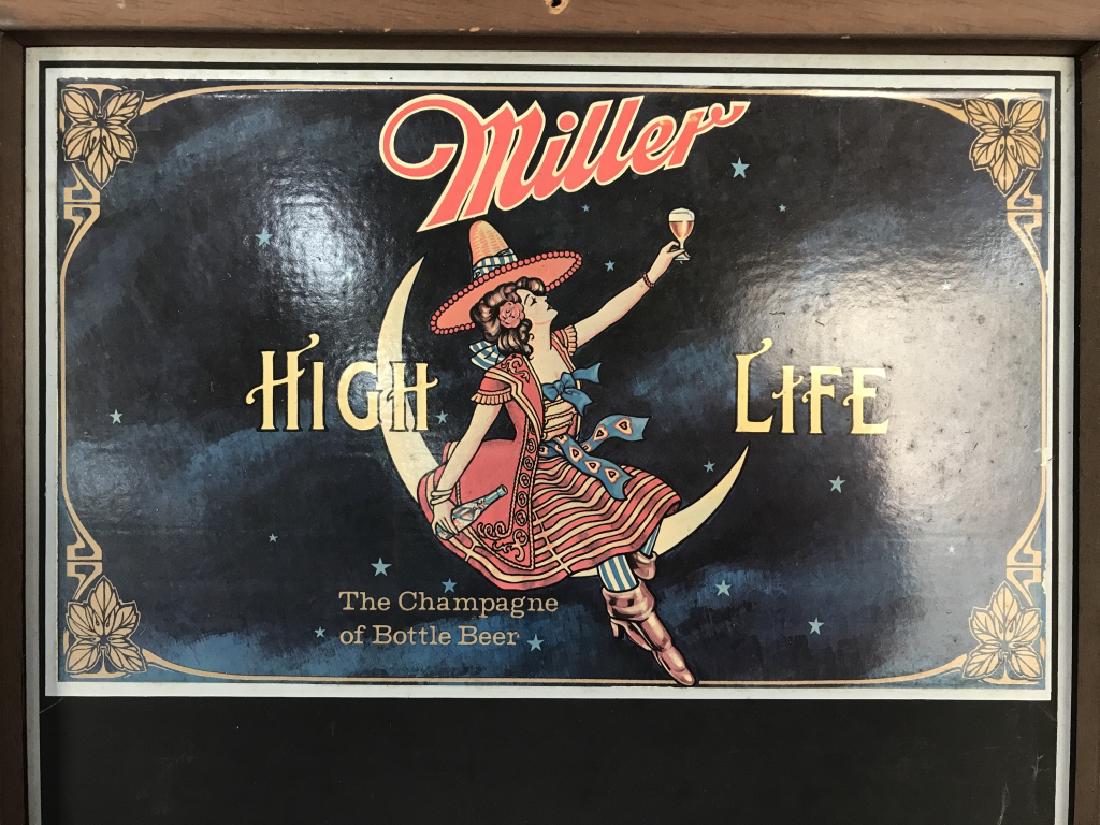 Miller High Life Framed Chalkboard: Chalkboard appears to be vintage reads MILLER HIGH LIFE THE CHAMPAGNE OF BOTTLE BEER. Frame is wooden and brown toned, measures approx 25 inches tall 17 inches wide. Wall art, home decor, home accesso