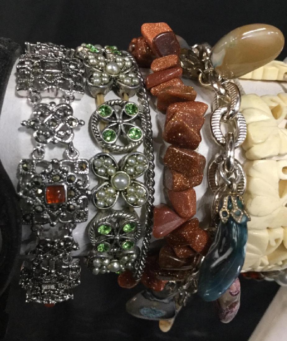 Group Lot Vintage Estate Bracelets, Jewelry: Bangles, beads, stretch bracelets, vintage bead, double silver toned cuffs with chain, wood, faux pearl, carved bone, and more, fashion jewelry, costume jewelry, two with natural stones