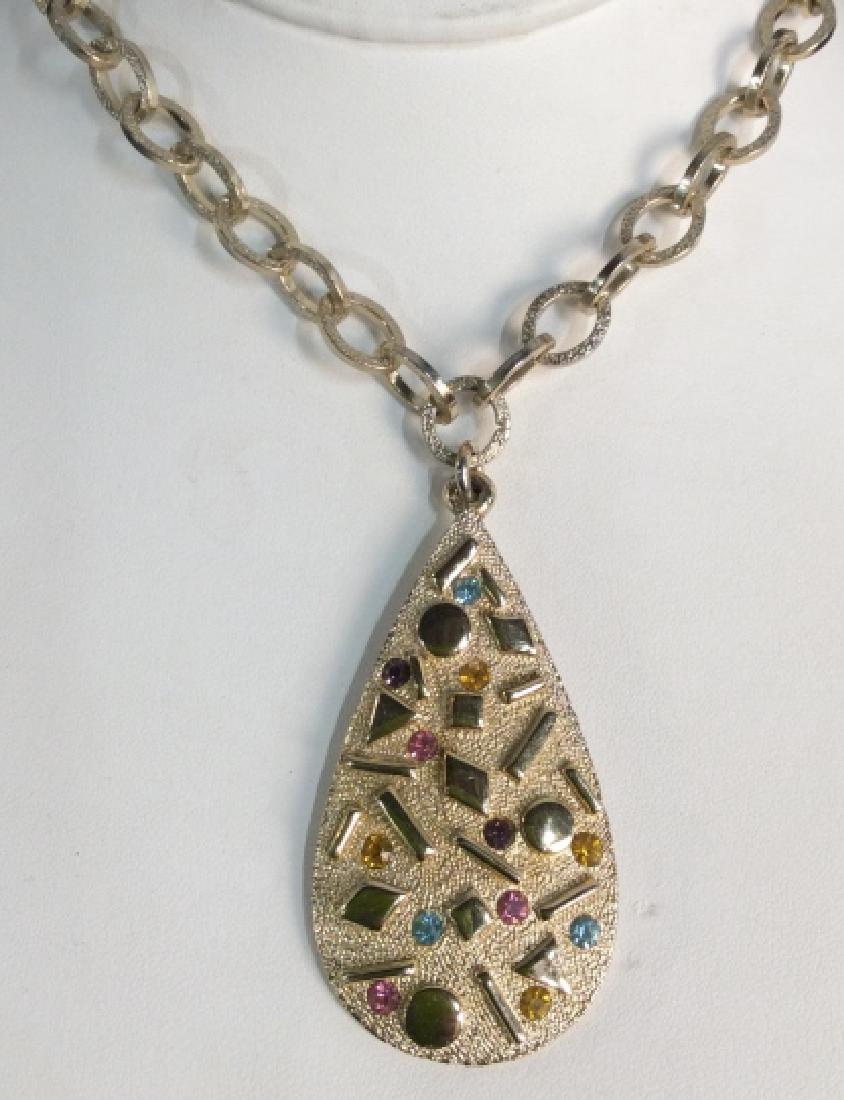 SARAH COV Vintage Bejeweled Pendant Necklace: SARAH COVENTRY Bejeweled Pendant Necklace. Chain link necklace is matte gold in tone. Teardrop Pendant has retro pattern and multicolored rhinestones. Vintage Jewelry, statement necklace, costume jewe