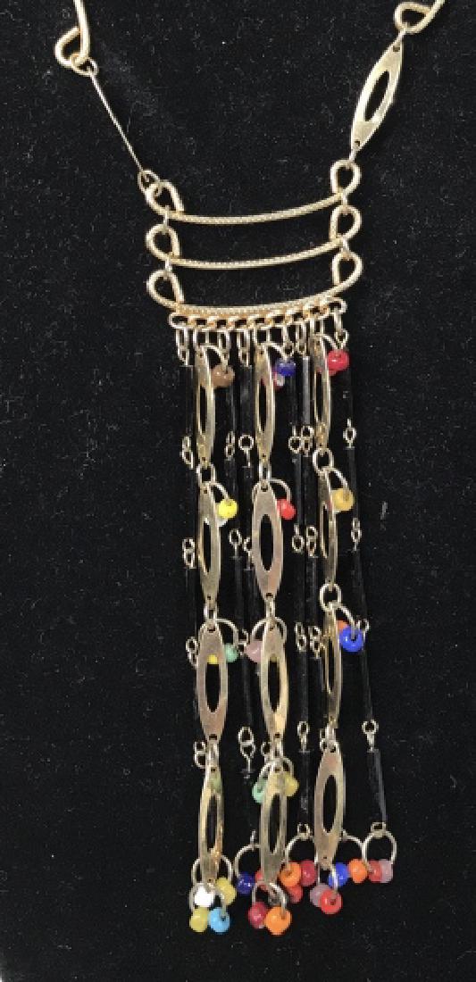 Beaded Metal Pendant Necklace: Beaded Metal Pendant Necklace, chandelier type, beaded throughout with geometrical twisted wire pendants, Total length 24 in, hook closure, adjustable to a choker, Vintage Chandelier necklaces, Faux, 