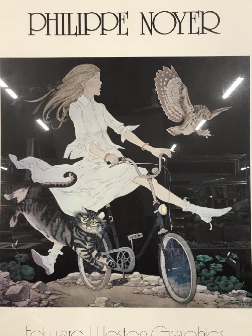 PHILIPPE NOYER Framed Poster: Poster reads PHILIPPE NOYER EDWARD WESTON GRAPHICS. Depicts a female figure riding a bike next to an owl and a cat. Measures approx 36 inches tall 24 inches wide. Wall art, poster, framed art, illustr