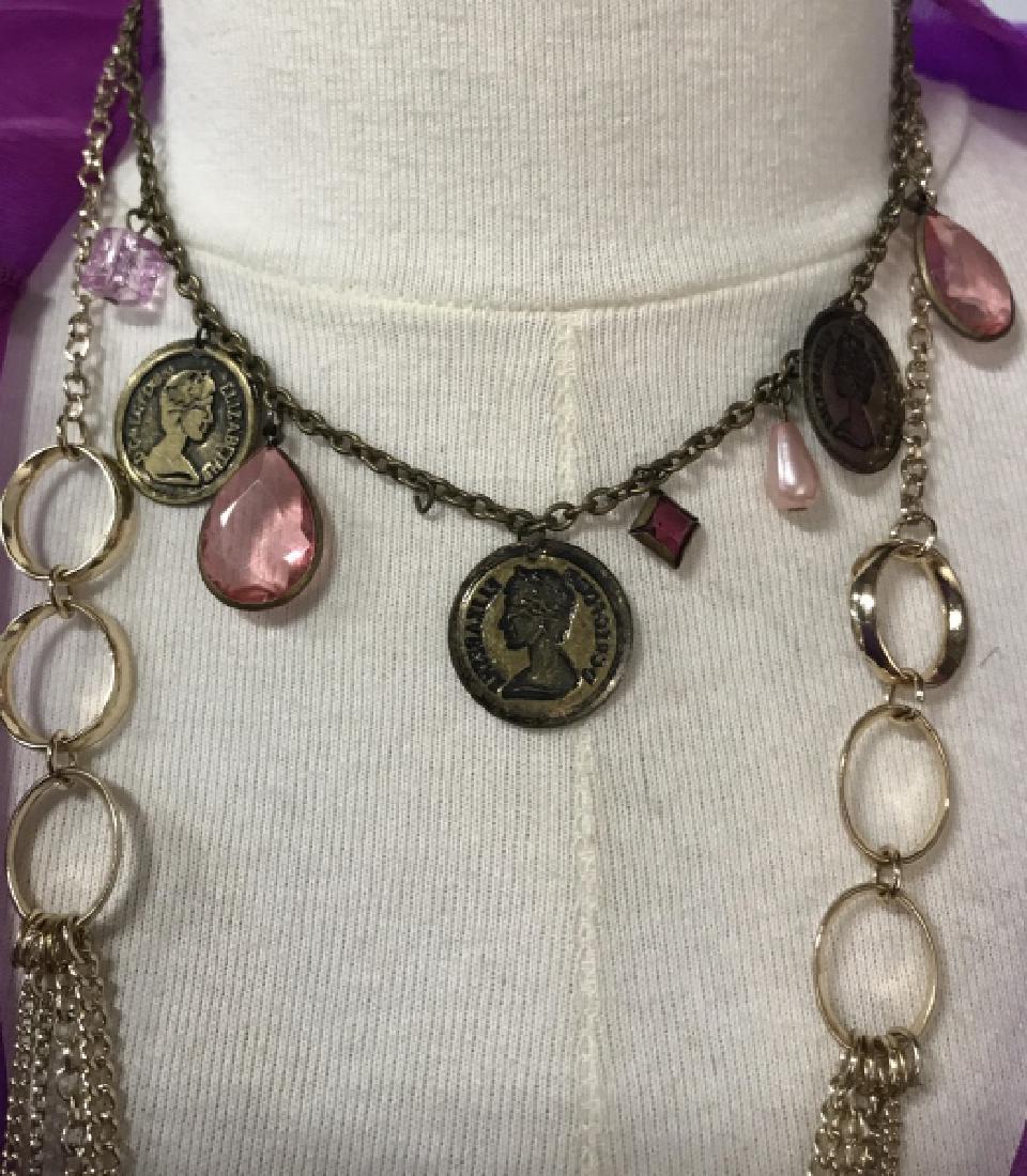 Fashion bejeweled with coins Necklaces: Fashion bejeweled with coins Necklaces, 2 costume chain necklaces, 1 multi strand chains with loops, the other has pink glass beads and coins, Longest measures, 17 in, good condition, Ladies Vintage j