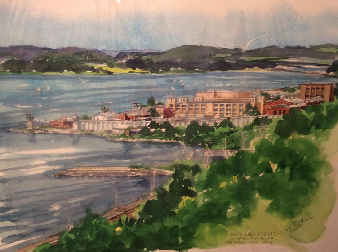 Pair Signed LINDA HEJDUK Watercolor Paintings: Pair of Signed Linda Hejduk Watercolor Paintings. Images depict scenes of architecture, prison building & bridge, in Ossining, New York. Both pieces are signed by artist, along with handwritten labels