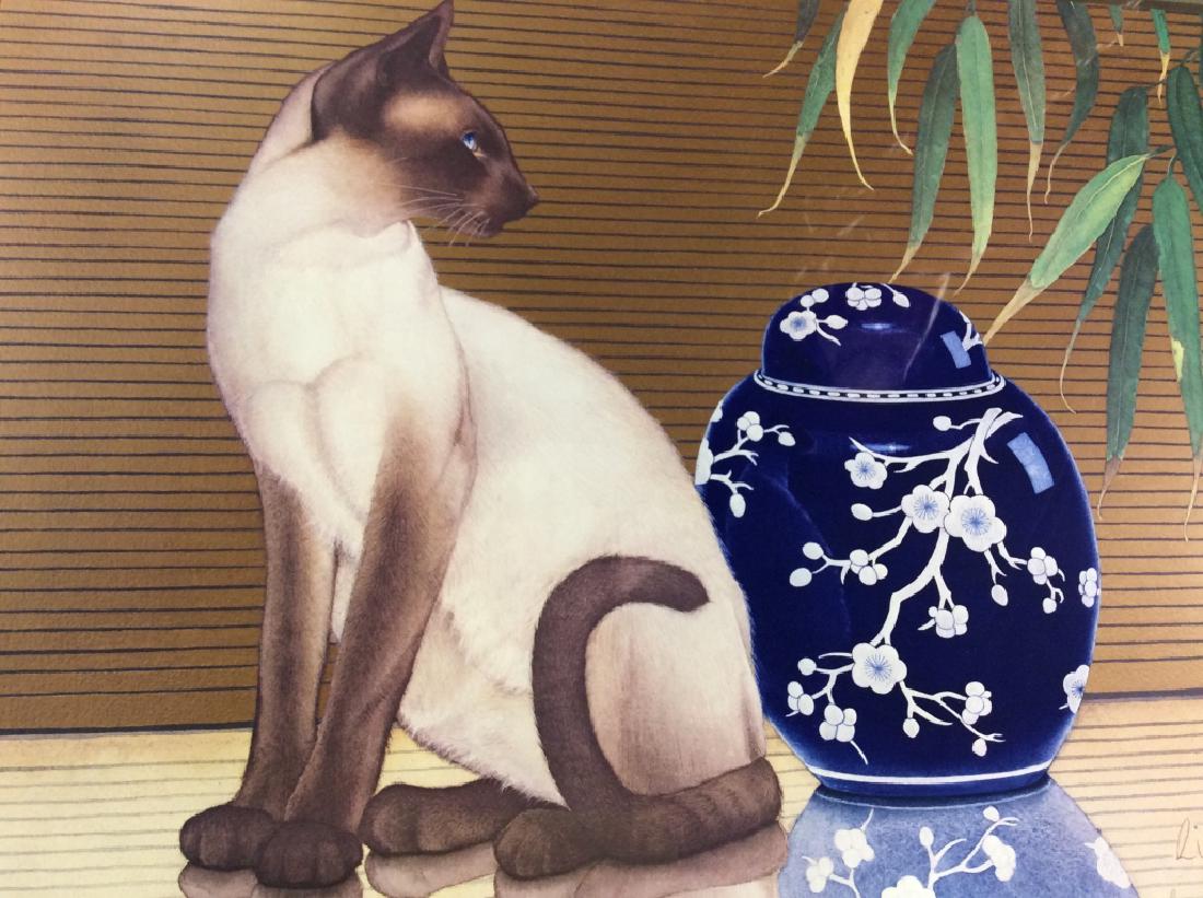 Framed LIZ SHEPHERD Cat Exhibition Poster: Framed LIZ SHEPHERD exhibition poster depicting a Siamese cat next to a ginger jar. Poster is for a Liz Shepherd art exhibition at the Jane Gallerie in Los Angeles. Poster is colorful and has Gilded m