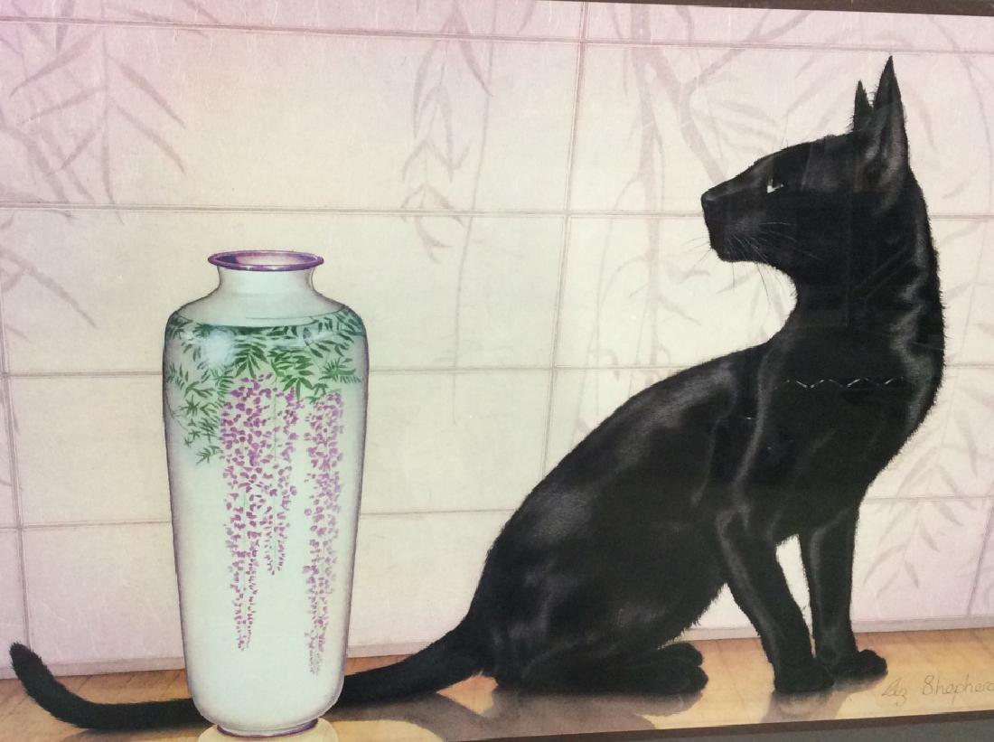 Framed LIZ SHEPHERD Cat Exhibition Poster: Framed LIZ SHEPHERD exhibition poster depicting a black cat next to a floral vase. Poster is for a Liz Shepherd art exhibition at the Art Expo New York 1984. Image is in metallic silver toned frame. A
