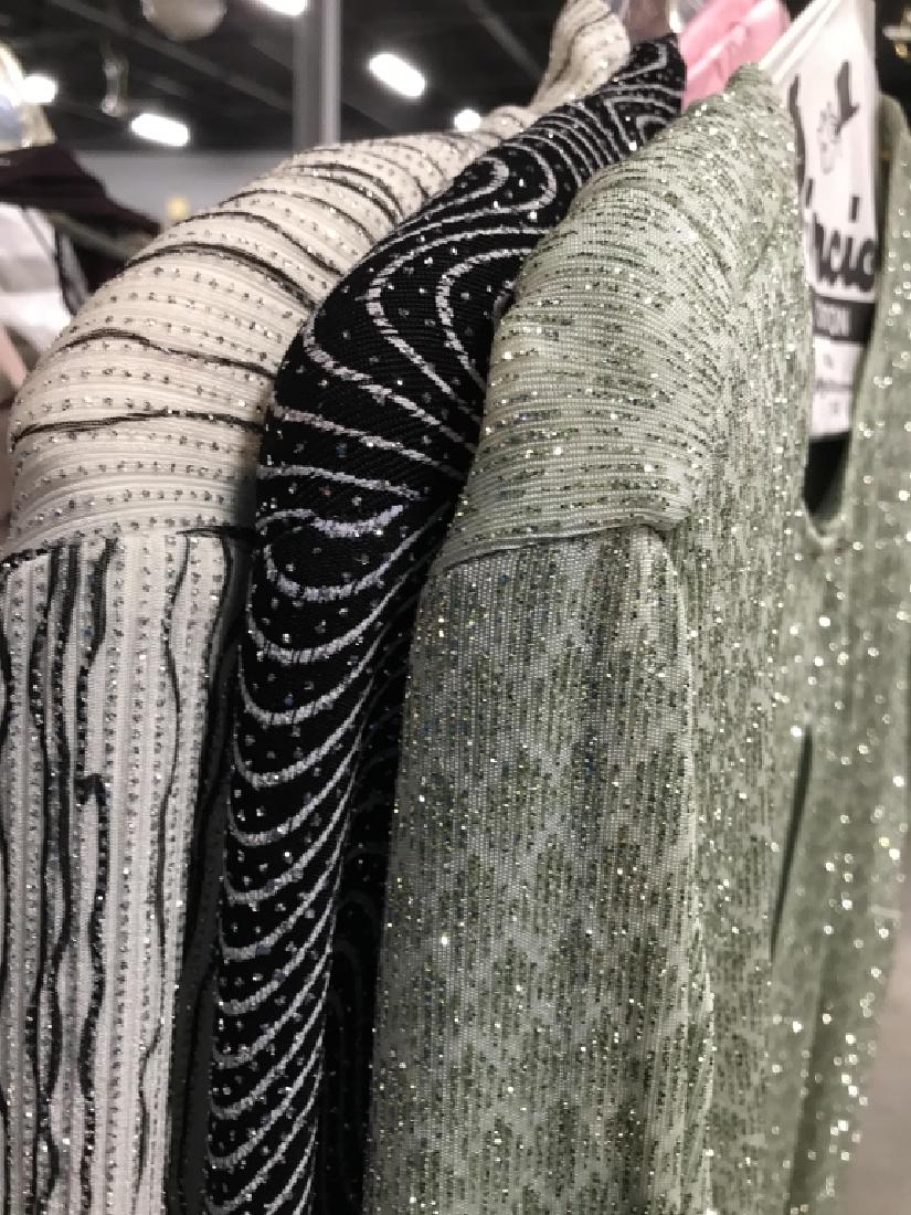 3 Sparkley Evening Gowns w Jackets: Celadon green marked ONYX by Wendy Chaitin Made in USA, size 14, one black with white accents same designer size 14, and cream toned w black accents marked for Alex 14p, all full length gowns with loo