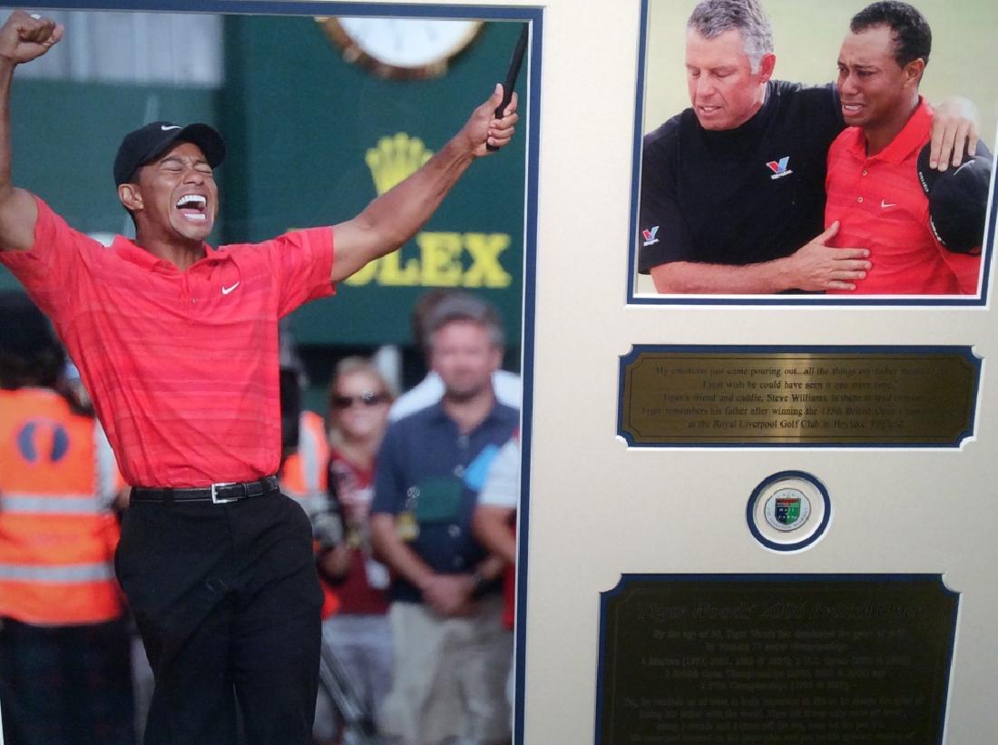 Framed Photo Prints & Plaques Of Tiger Woods: Photo prints depicts Tiger Woods at the 2006 British Open. Plaques describe the competition and Woods’ sentiments and titles during the open. Also displayed is a World Golf Hall of Frame pin. Piece