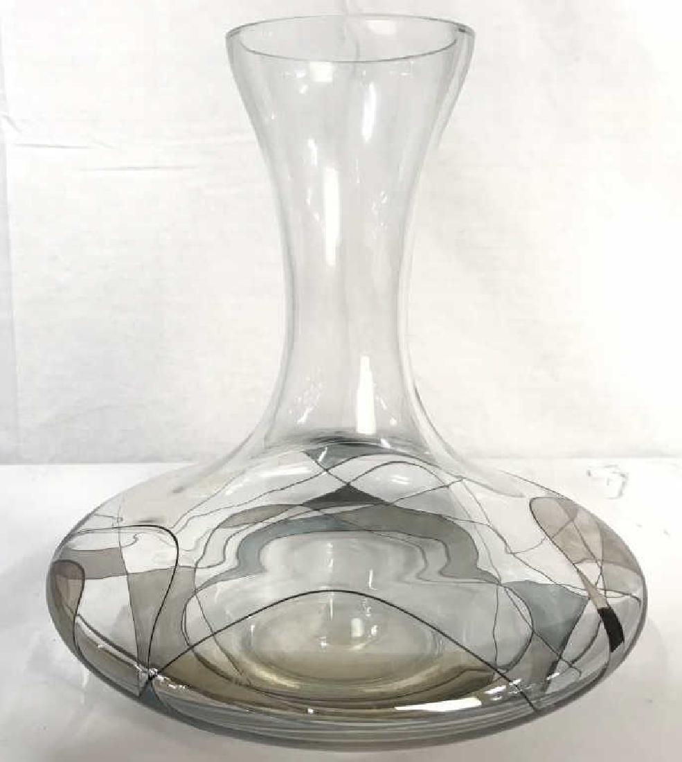 Wide Base Art Glass Vase Decanter Vessel: Wine Flas, Wine Decanter, Vessel, Tableware,Glass vase has free flowing line detail with tinted areas with tones of ice blue and grey. Measures approx 9.5 inches tall 9 inches wide. No condition issue