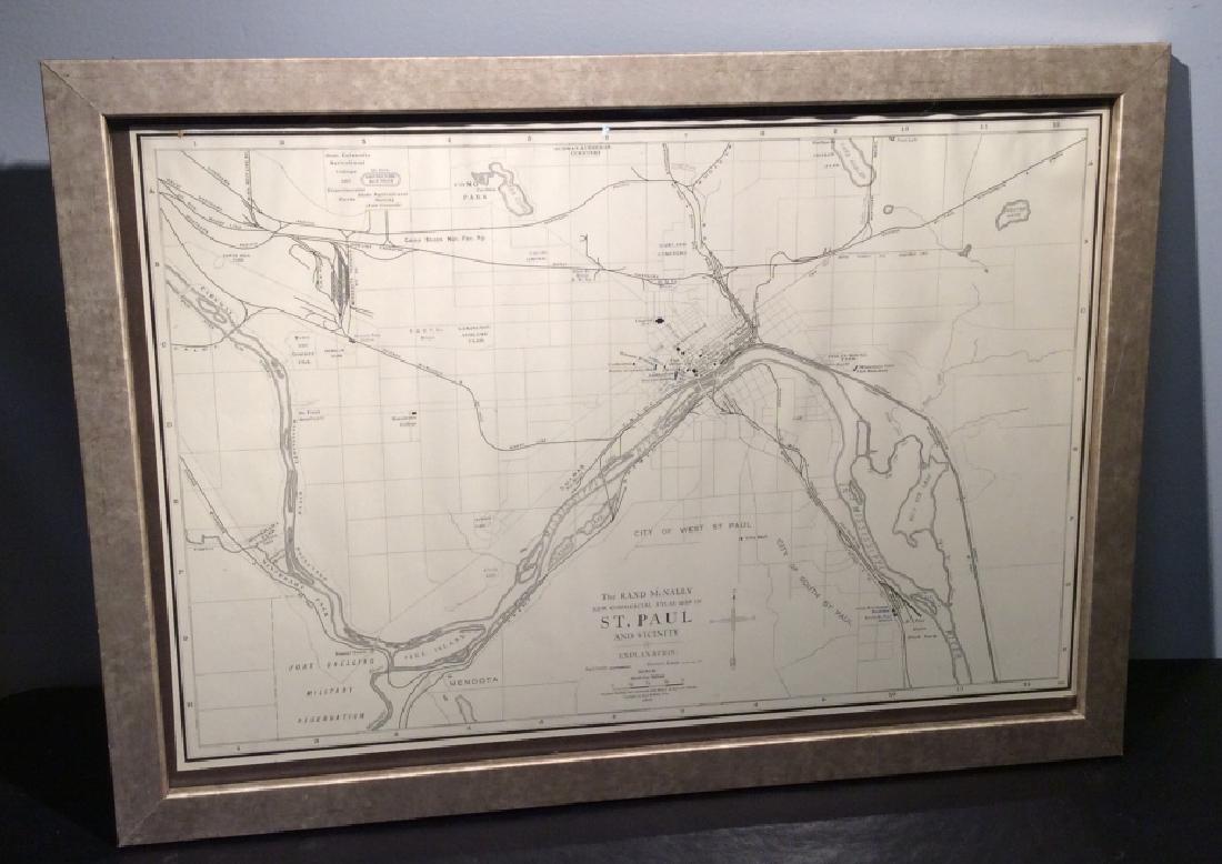 Framed Print Of Map Of St. Paul: Framed print of the Rand McNally commercial atlas map of St. Paul from 1915. Image might need readjustment in frame. Frame is board with cream metallic sheen. Approximately 15 inches in height by 21in