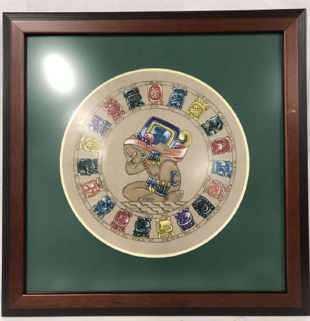 Framed Mayan Calendar Print: Print is professionally framed and matted with brown toned wooden frame. Depicts a Mayan calendar. Measures approx 23 inches square. Frame has some scratches. 6