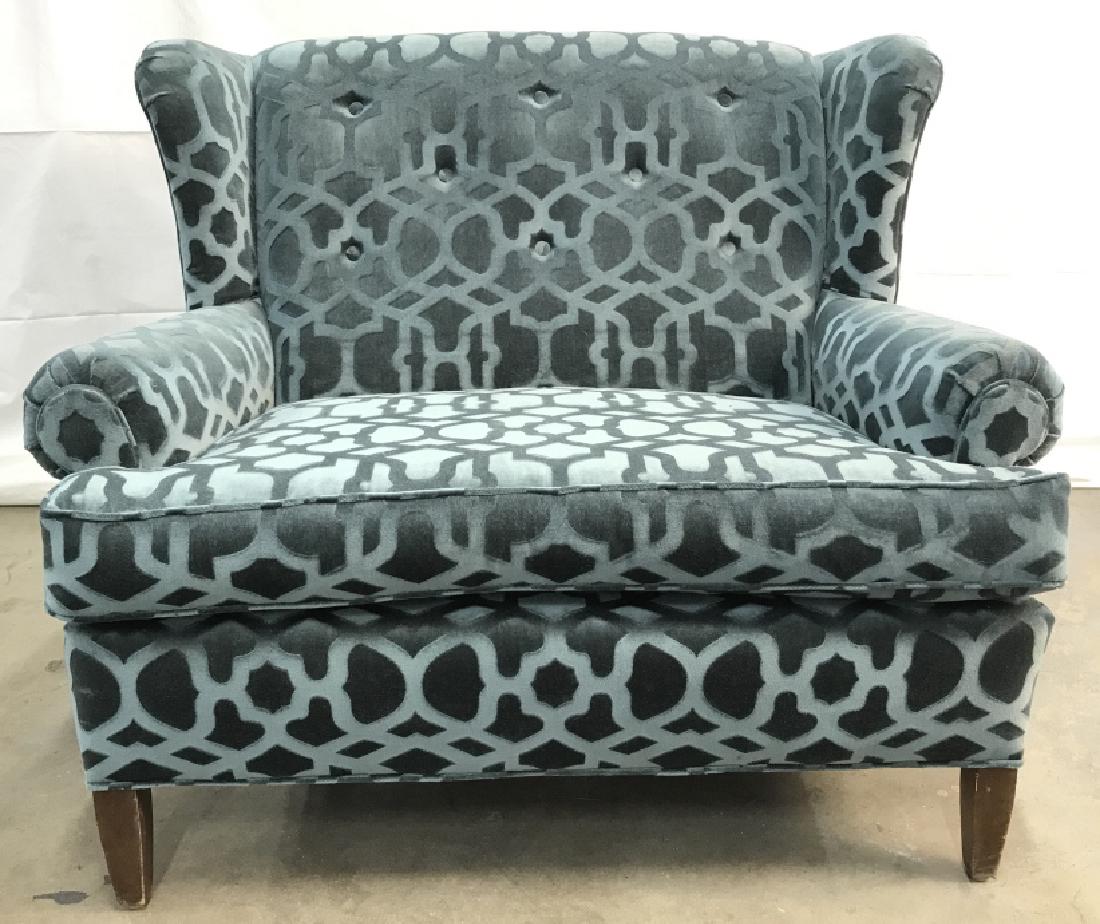 Custom Designed Wingback Oversized Armchair: Custom Designed Oversized Wingback Bedroom Chair, Armchair, Upholstered French teal on teal velvet with quatrefoil patterned design. High End Custom Furniture. Contemporary Home Design. Custom Designe