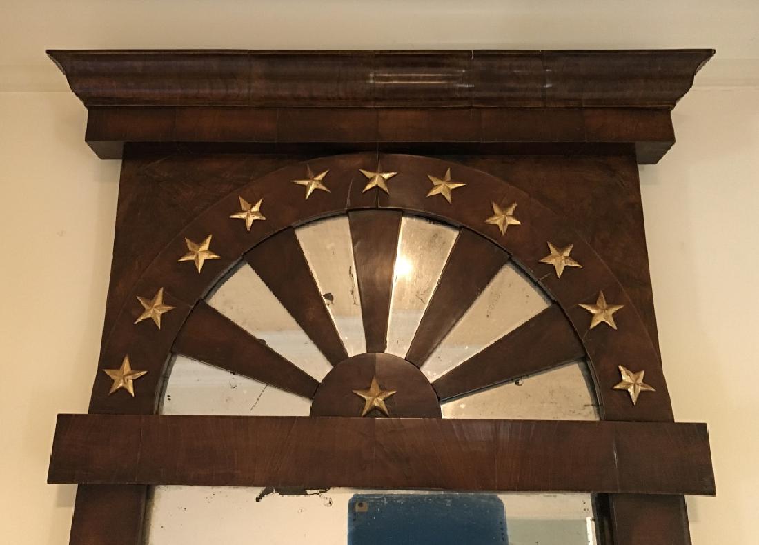Folk Art Carved Wood Americana Pier Mirror: Pier Mirror, Star motif Mirror, Brass star detailing, originally purchased through Leonard’s of New England, independent appraised vale of $1073.25, measures 58 inches by 22.5 inches,, Property of W