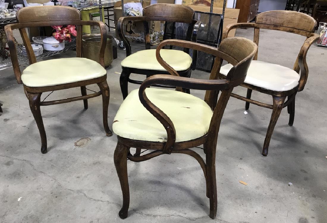 Set 4 Thonet Austrian Mid Century Bent Wood Chairs: Vintage Set 4 Thonet Austrian Mid Century Bent Wood Arm Chairs. Four bent wood arm chairs with removable seats for easy reupholstering. All chairs are burn carved stamped on inside of seat frame Thone