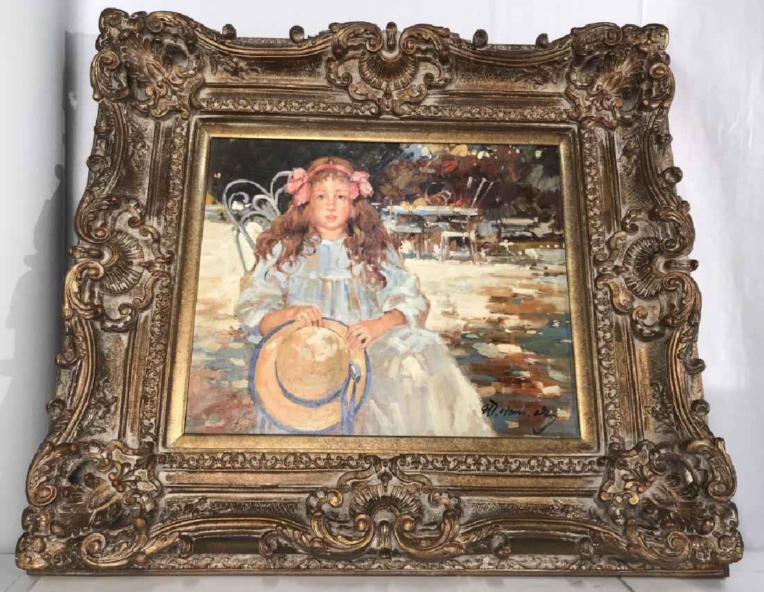 W. Homer, Possibly William Inness Homer, Painting: W. Homer, Possibly William Inness Homer, possibly Winslow Homer, oil on Canvas, Framed impressionist Style, portrait of a young girl with pink bows and hat in hand, in an impressive gold toned 35in x 