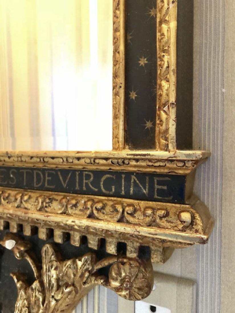 Carved Black Gold Regency Mirror, Italy: SCRAFITTO and FIRENZE Label on back, Hand Made,hand crafted, and hand gold leafed in Italy, Richly Detailed Black and Gold Regency Style Mirror, Star and scroll details,Great color, scale and patinati