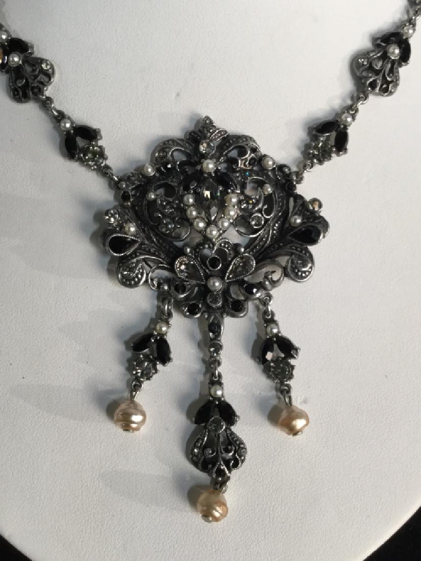BEN AMUN Gothic Victorian Style Pendant Necklace: BEN AMUN Gothic Victorian Style Ornate Cascade pendant necklace. Deco Pendant has multicolored rhinestones with pearl style bead details. Could be Swarovski crystals and Czech glass beads in different