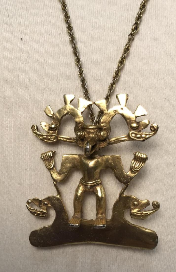 Vintage VCA Style Precolumbian Themed Pendant Necklace: Vintage necklace, in the style of Van Cleef and Arpels Precolumbian style inspired pendant Necklace, vintage copy of 70s piece, back of pendant stamps reproduction copyright Alva Studios, good patina,
