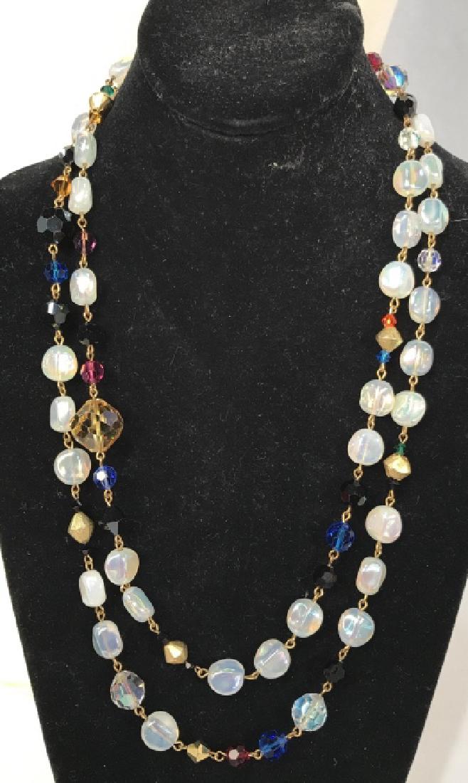 Vintage Opalescent and multi glass bead long chain: Vintage Opalescent and colored glass bead long chain, alternating opalescent beads with colored glass beads on gold toned chain, Full Length 52 in, Good condition, Fashion Fun Jewelry, Opalescent Cost