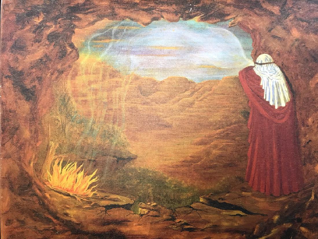 Signed CAROLE RUCCI Religious Oil Canvas Painting: Piece is signed CAROLE RUCCI 1996 on lower left corner. Painting is vintage. Depicts a figure in a cave like area next to a burning fire, appears to depict religious scene of Moses and the Burning Bus