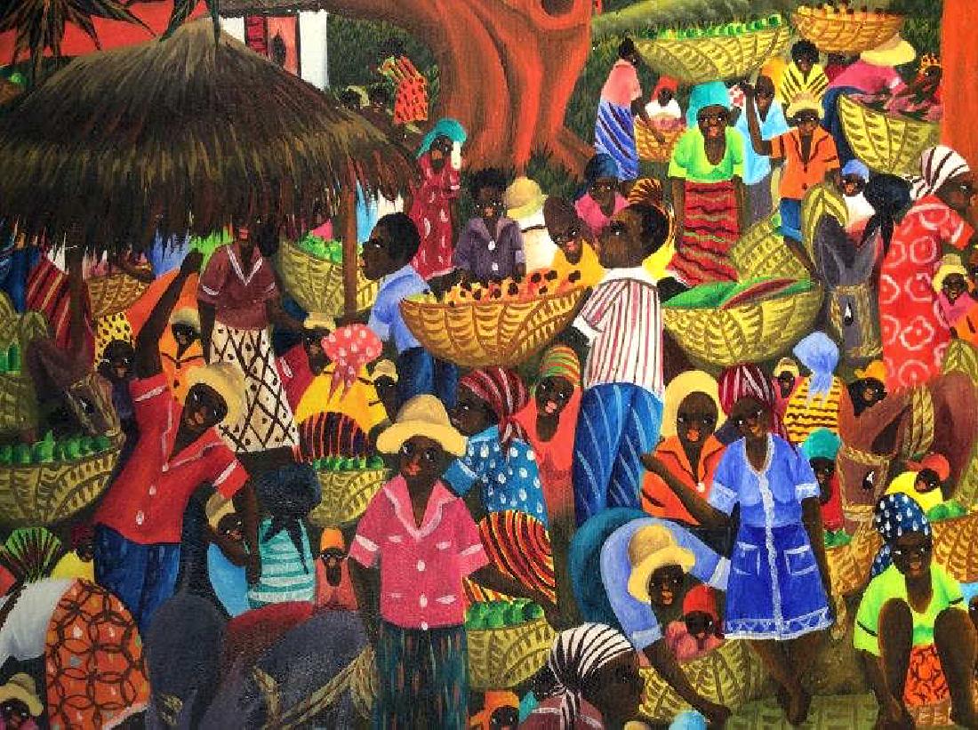 Signed J.C. HILAIRE Original Oil Painting: Signed & Framed JEAN CEDIEU HILAIRE (Haitian b. 1954) Original Oil Painting On Canvas. Titled THE MARKET (1979). Image depicts multiple perspectives of a market scene, possibly the market scene during