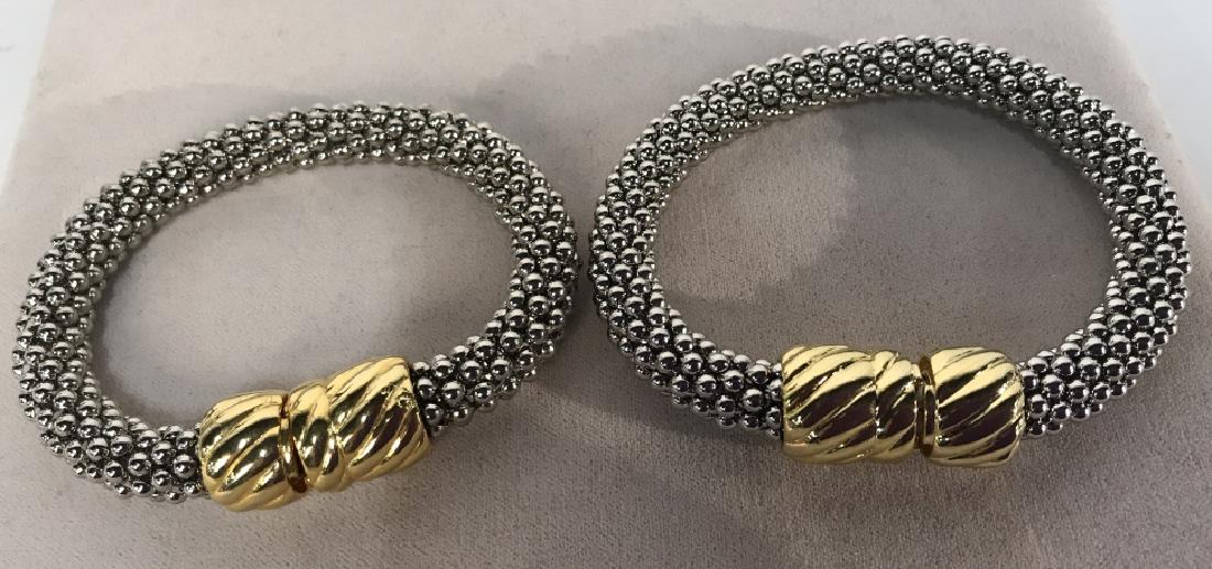 Pair David Yurman Style Magnetic Bracelets: Pair David Yurman Style Magnetic Bracelets, Pebbled link with gold toned twirled gold end with magnetic closures, could be worn as choker if magnet replaced, 1 missing magnet, each 3 in diameter, Davi