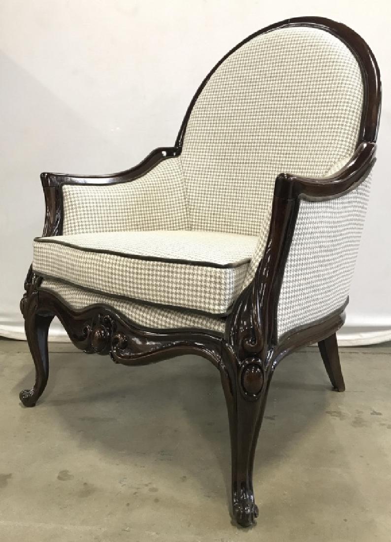 Custom Designed Bergere Style Armchair: Custom Designed Bergere Style Armchair in dark toned wooden high gloss frame with hand carved scroll design, grey/cream toned houndstooth upholstered fabric, and grey toned French velvet welting. Proj
