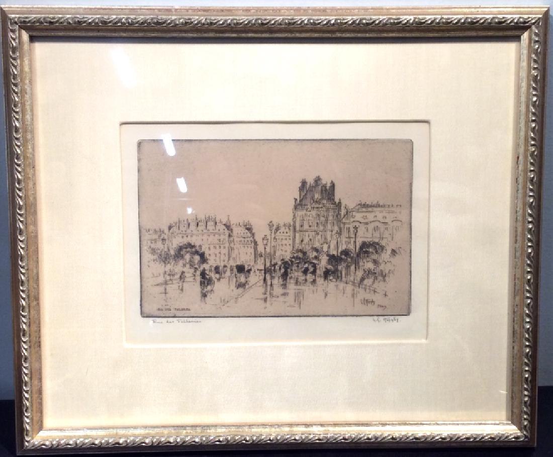 Signed LESTER GEORGE HORNBY Original Etching: Signed Framed Lester George HORNBY (American 1882-1956) Original Etching. Etching is titled RUE DES TUILERIES and depicts a city street scene in Paris. Date of etching is 1918 and this is Edition 40 (