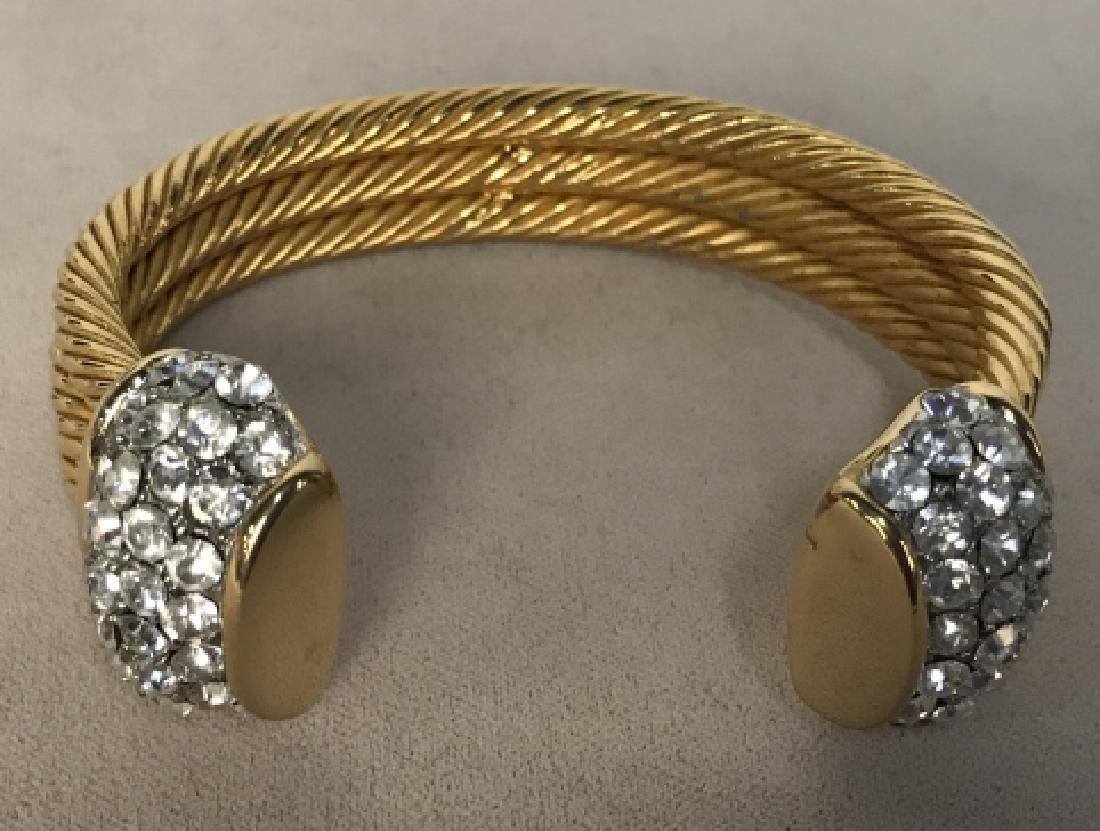 David Yurman Style Twisted Gold Toned Bangle: David Yurman Style Twisted Gold Toned Bangle, three rows of twisted wire ending with rhinestone caps, 2 7/8 in. diameter, width of handle 1/2 in, good condition, Evening wear costume, estate, Vintage,