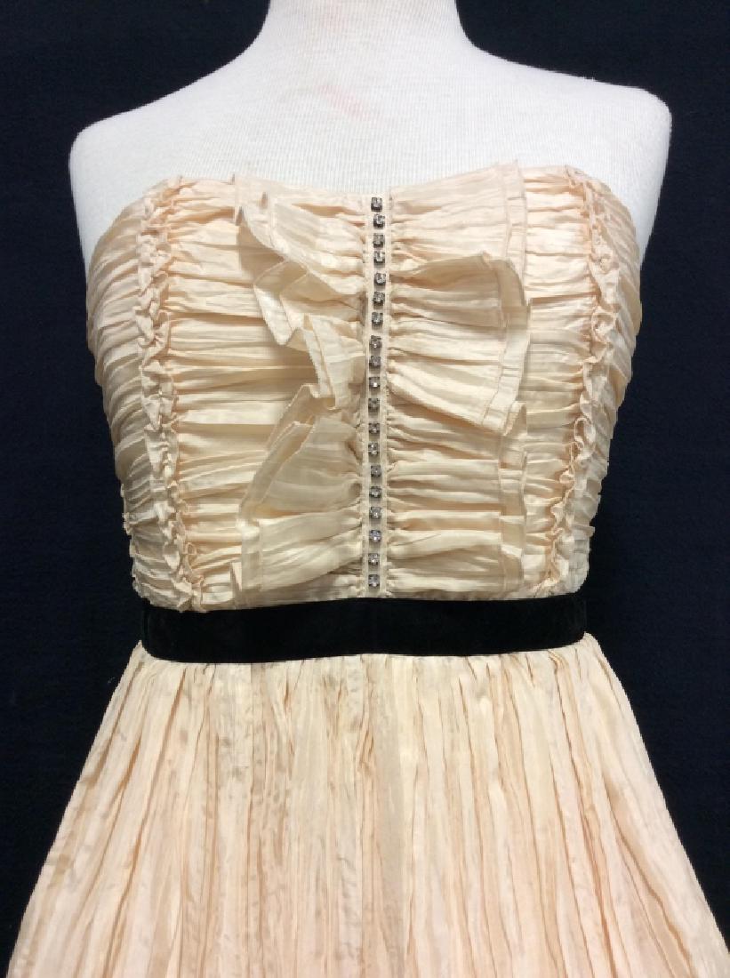 PLENTY FROCK! By Tracy Reese Silk Dress: PLENTY FROCK! By Tracy Reese Silk Dress, Light pinkish Beige Toned Dress, strapless with ruffle design, black toned belt detail and rhinestone embellishments. some minor discoloring, Size 10 measures 