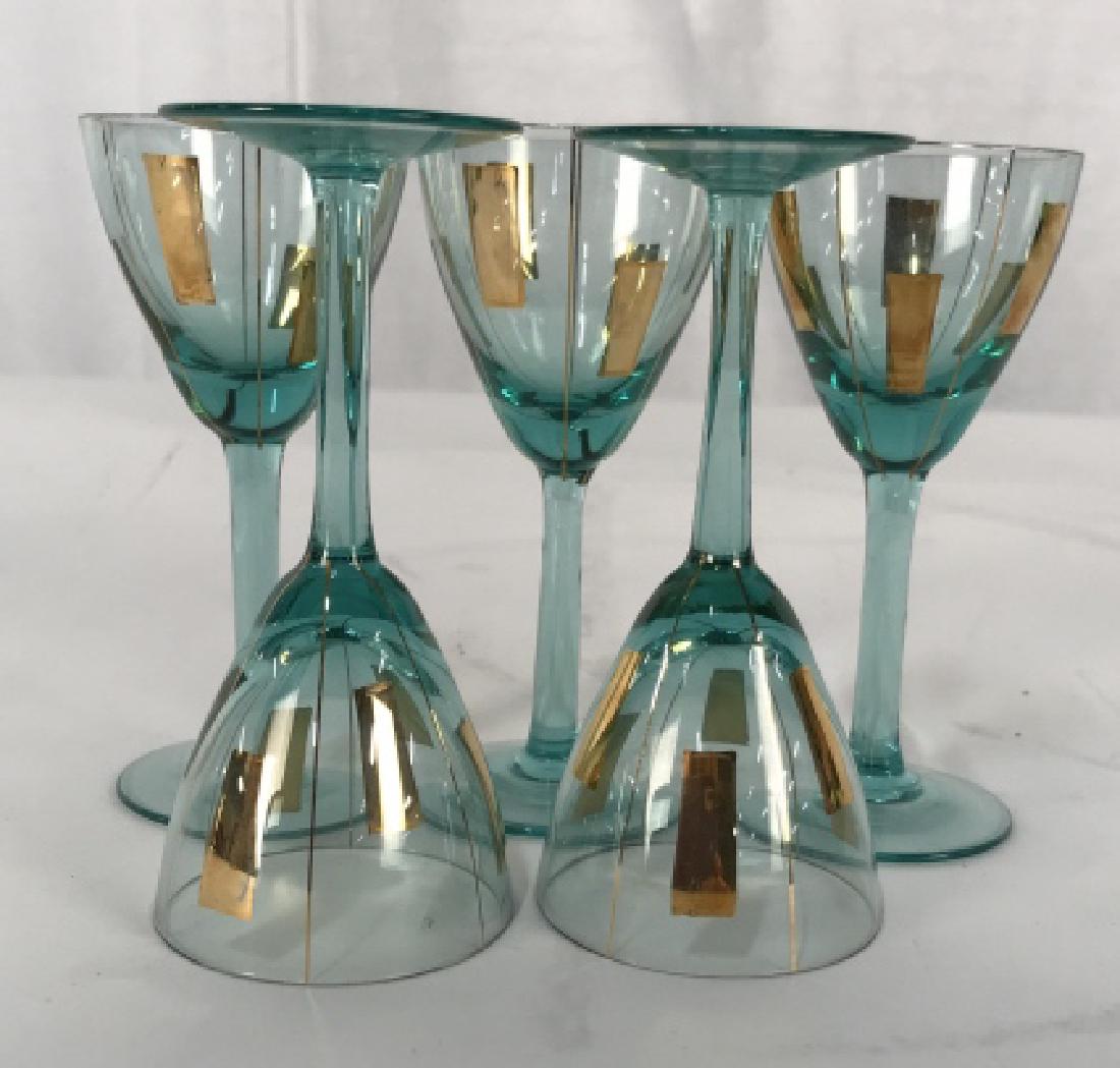 BESSON Mid Century Mod Stemware: Cocktail glasses, mid century modern Hollywood glamour bar ware, turquoise glasses with gold painted geometric design, set of five , each measures ht app 4.5 inches, collectible glassware
