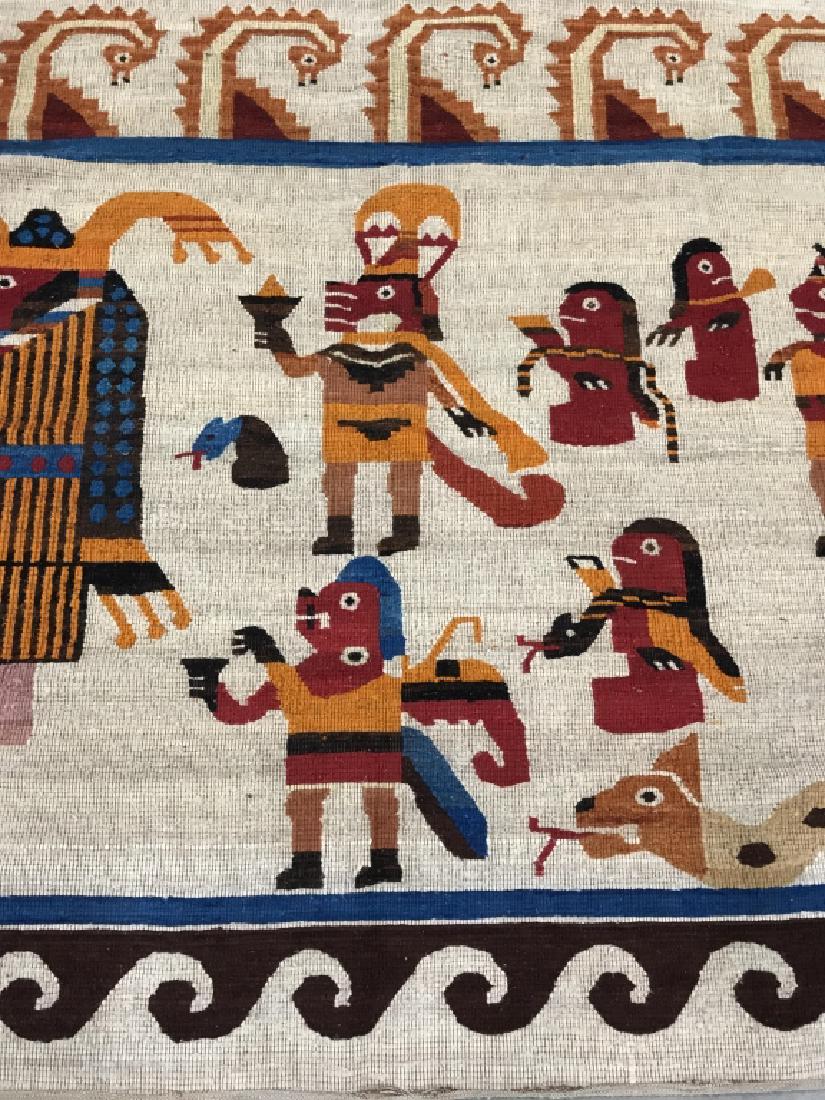Large Aztec Style Textile Artwork: Hand woven possibly wool, Aztec style figurals and snake figure, Wall Art, carpet, wall hanging, decorative throw blanket, tapestry, arts and crafts throw rug, home decor, home accessory, measures app